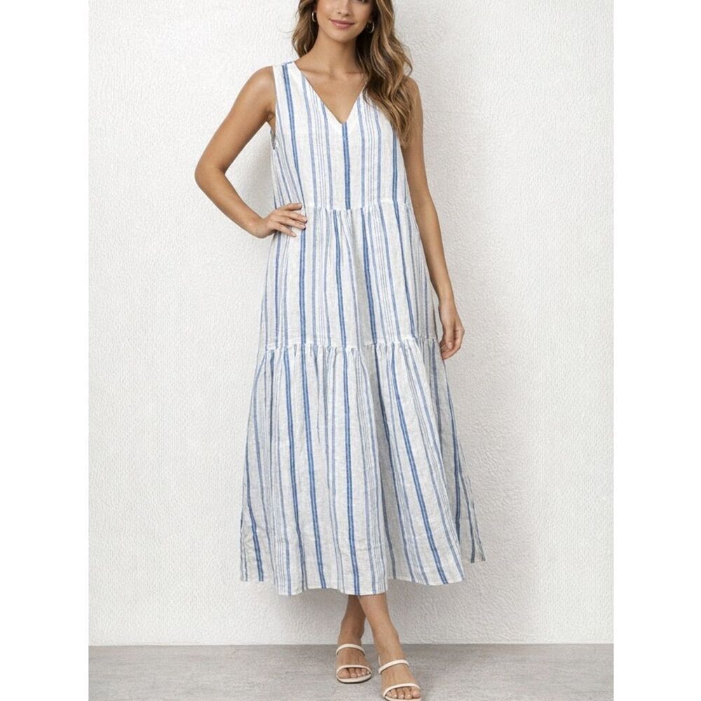 Kyla Seo Blair White And Blue Striped Linen Tiered Sleeveless Maxi Dress Size S